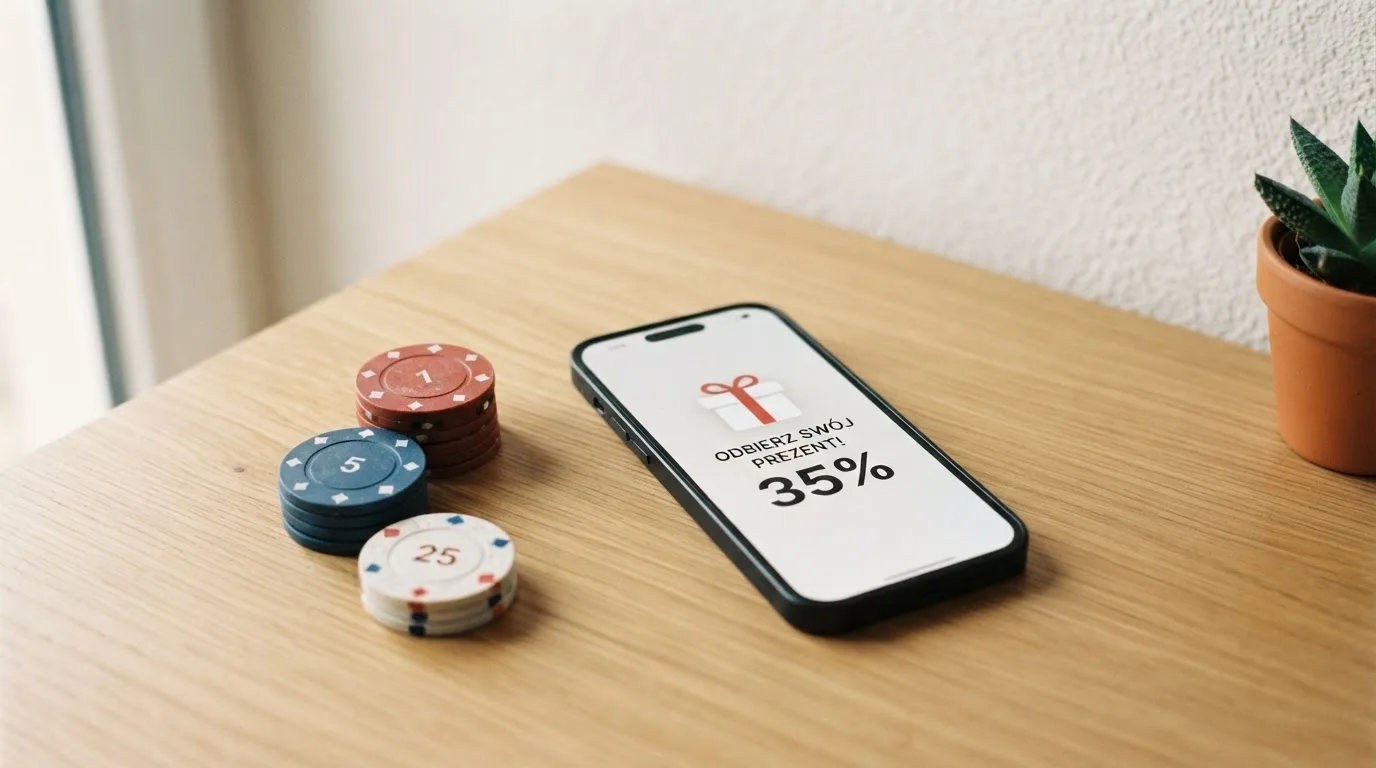 Smartfon leży na biurku z prostym ekranem pokazującym ikonę prezentu i jedną liczbę procentową, obok leżą trzy żetony do gry
