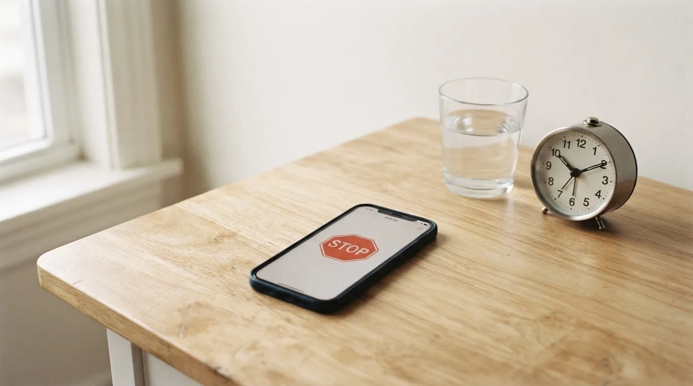 Smartfon leży na biurku z prostym czerwonym symbolem stop na ekranie, obok stoi szklanka wody i budzik