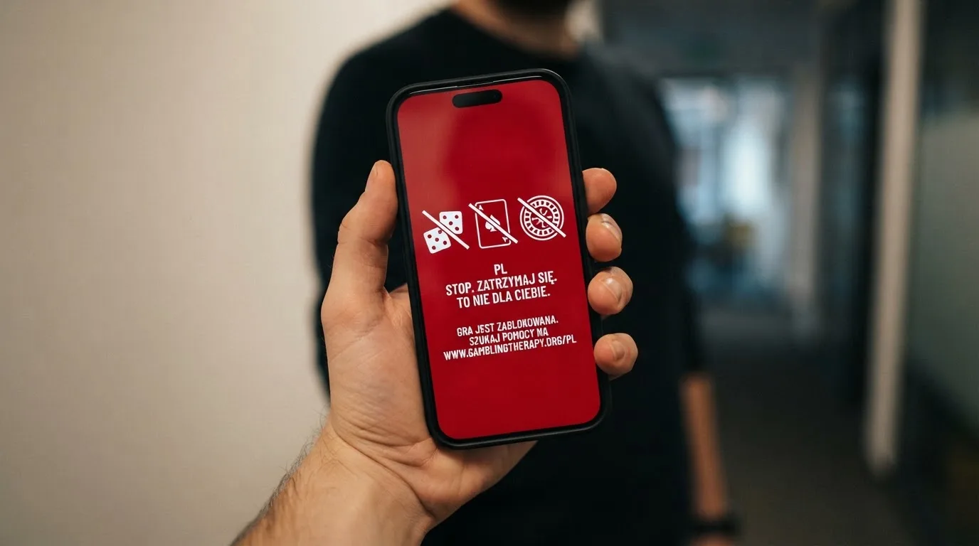Dłoń trzyma smartfon z ekranem pokazującym rząd prostych przekreślonych ikon — kostki, karty i koła — na czerwonym tle